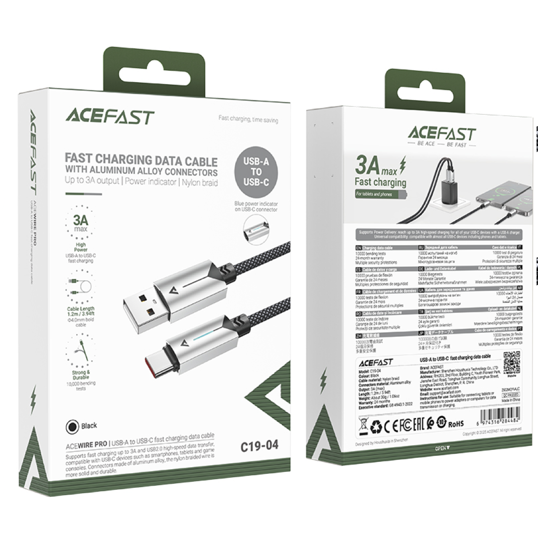 AceFast 3A Fast Charging USB-C to USB-A Aluminum Alloy Braided Power Indicating Cable (1.2M)