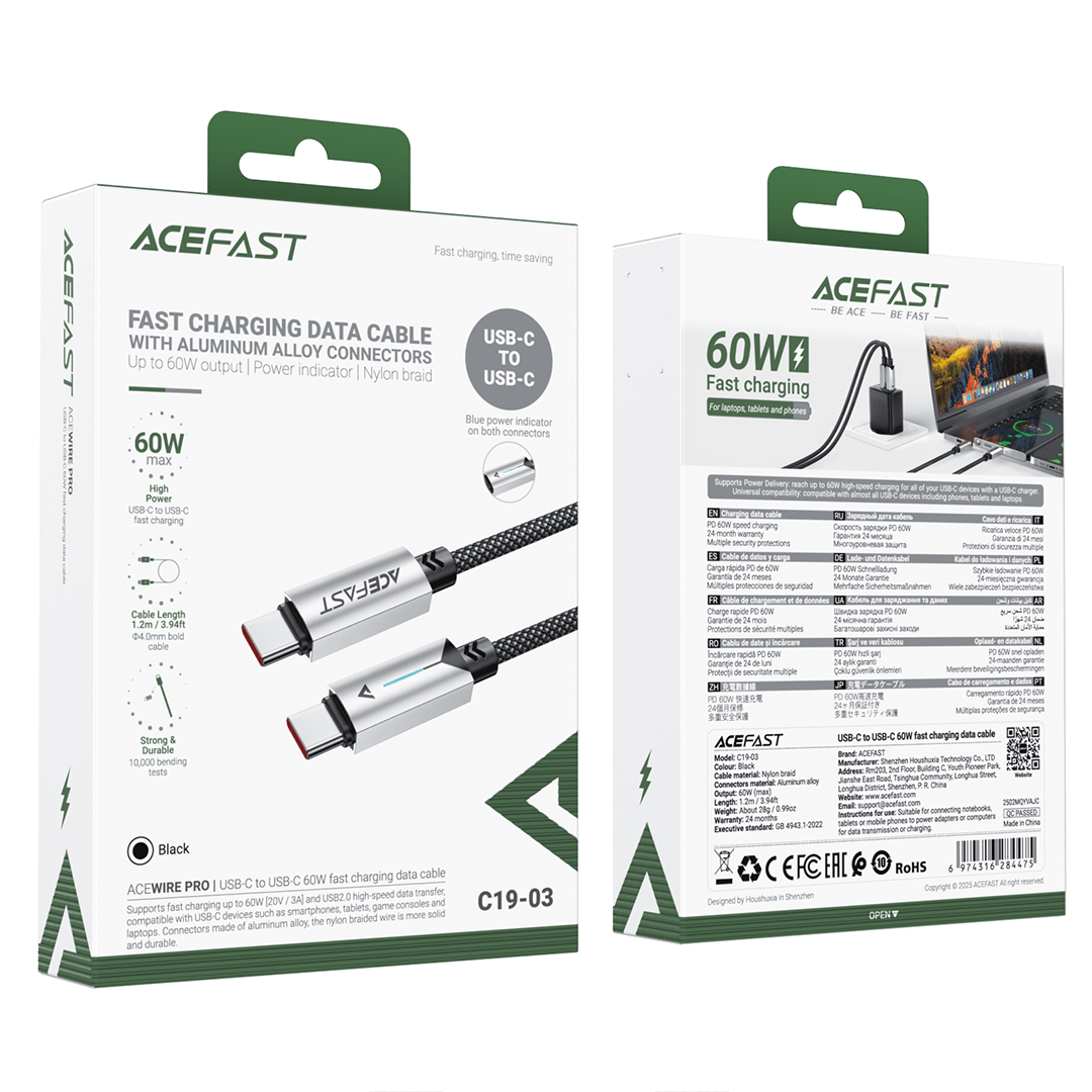 AceFast PD 60W USB-C Fast Charging Aluminum Alloy Braided Power Indicating Cable (1.2M)
