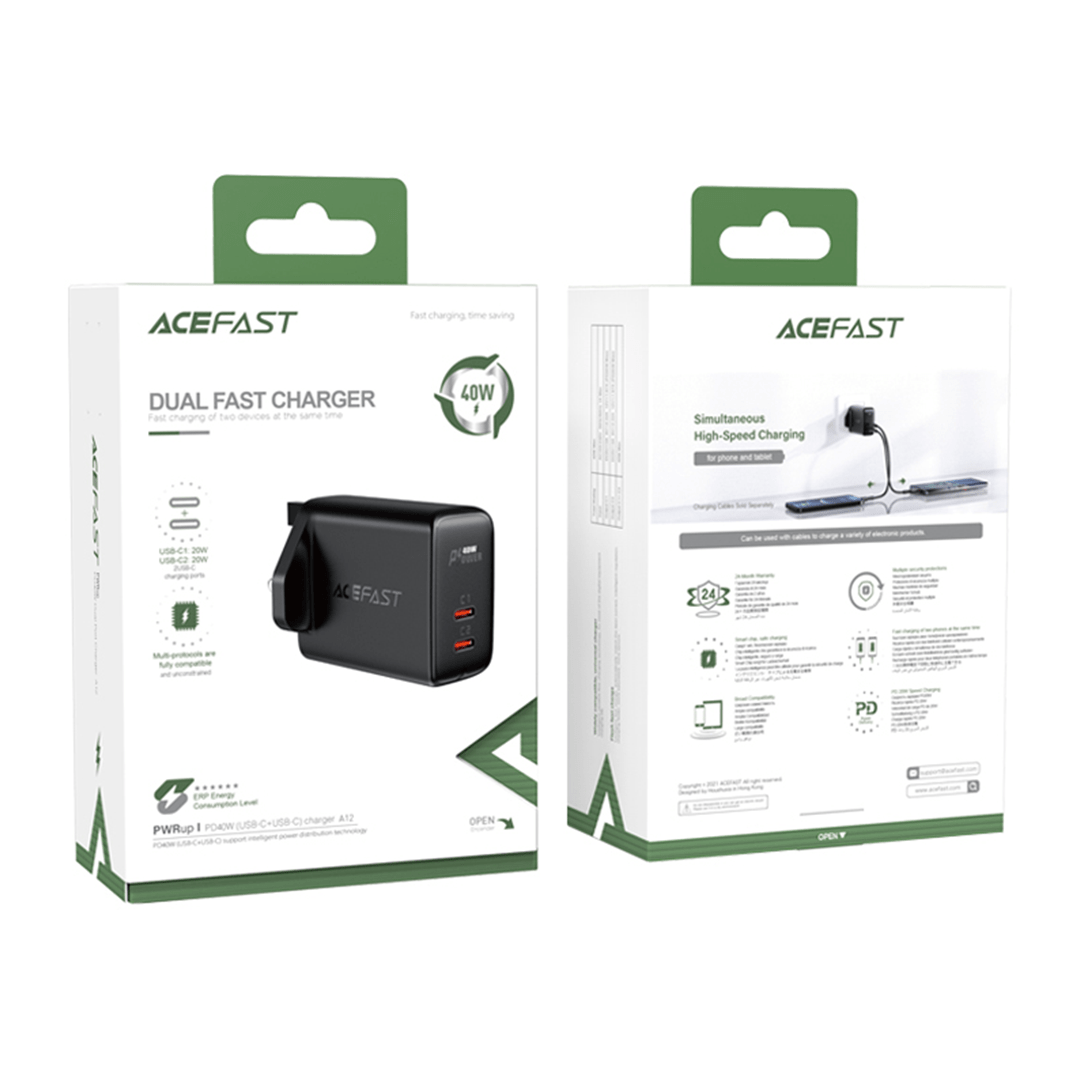 AceFast 40W Dual USB-C Charger (UK Black)