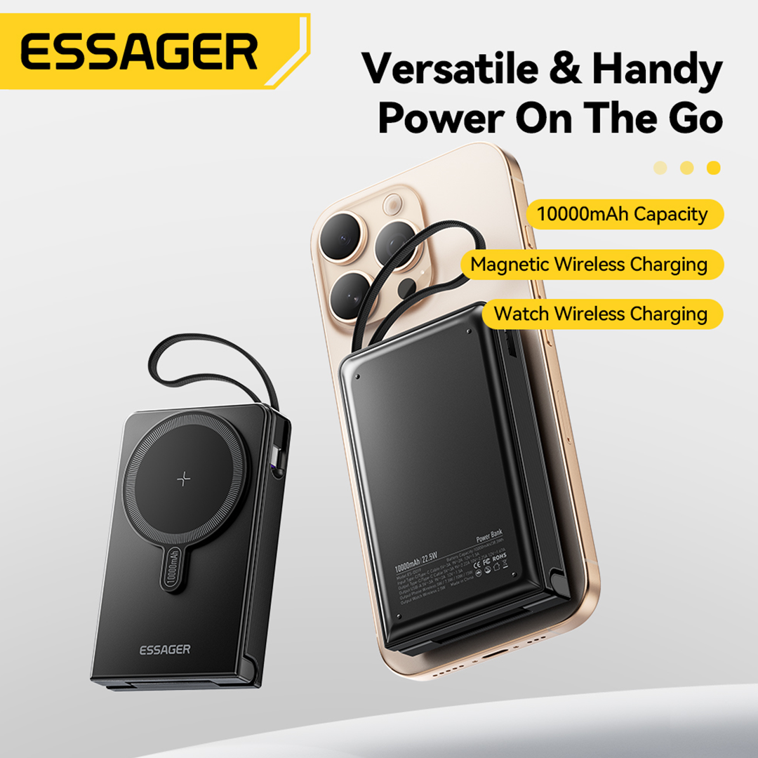 Essager 15W 10000mAh 2-in-1 Magnetic Charging Power Bank with Built-in USB-C Cable