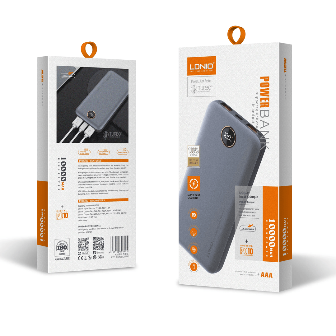 LDNIO 10000mAh Ultra Slim LED Digital Display Fast Charging PowerBank
