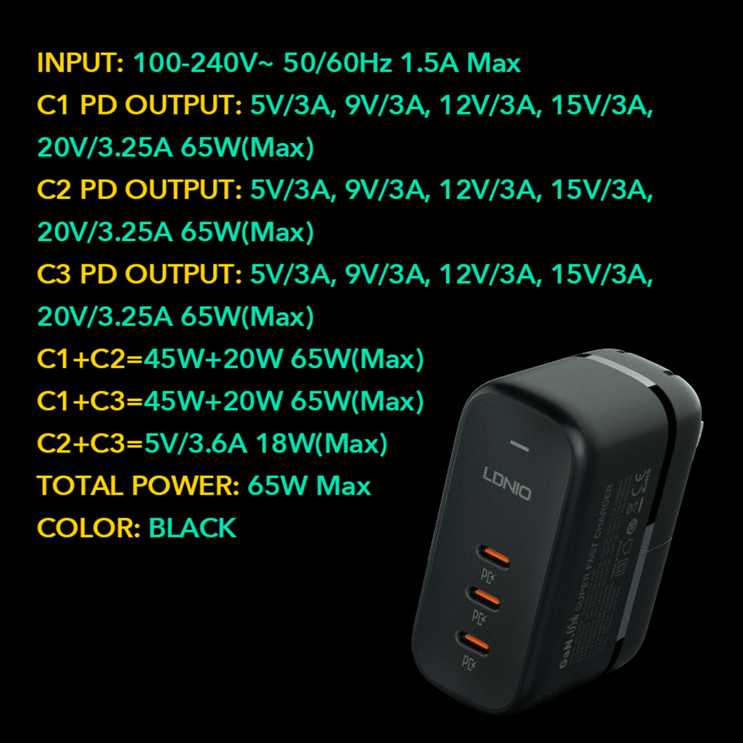 LDNIO 65W USB-C x 3 GaN Fast Charging Travel Adapter