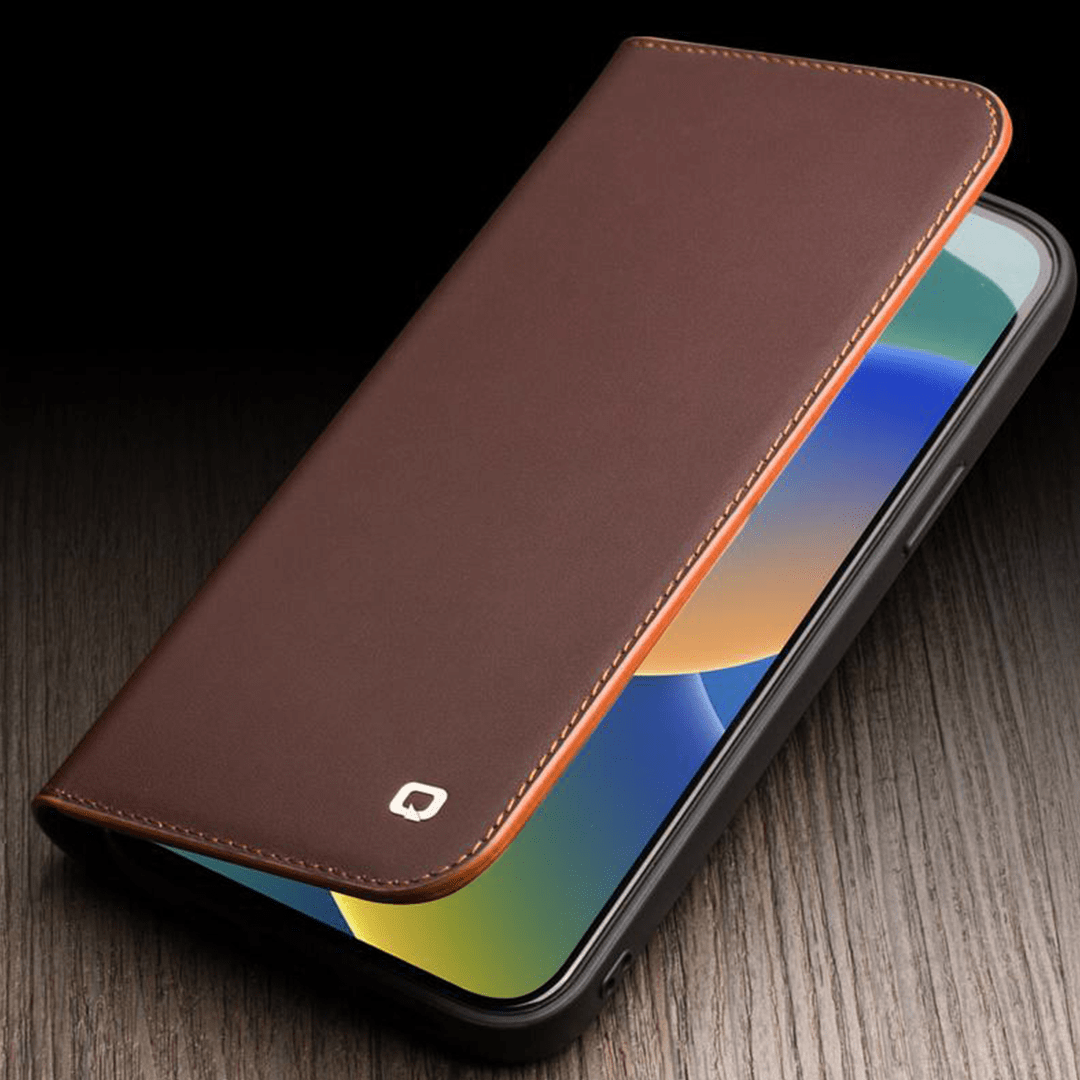 QIALINO Leather Flip Cover for iPhone 14 Pro - Brown