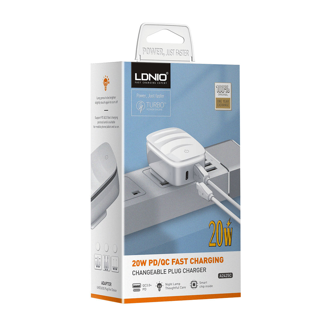 LDNIO 20W PD USB-C Fast Charger + QC3.0 with Touch LED Lamp