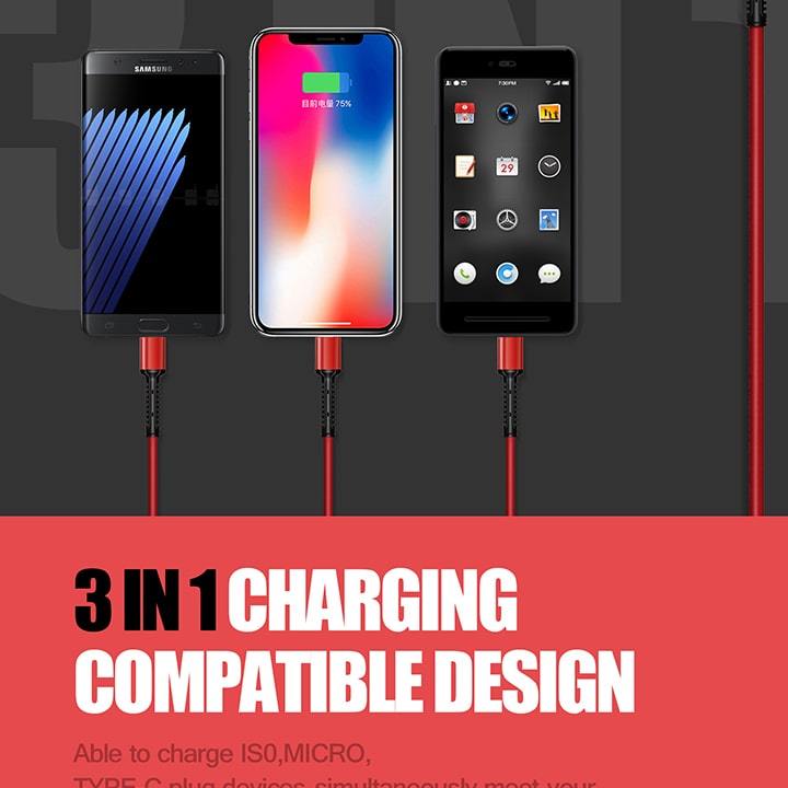 LDNIO 3-in-1 USB Charging Cable (1.2M) - Add-on™ Store